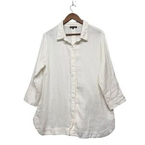 Boho Chic Linen Tunic Women XL White 3/4 Sleeve Relaxed Top Lagenlook Minimalist